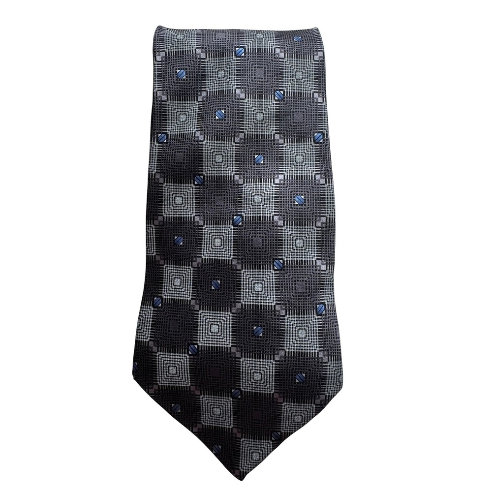 Crazy Horse A Claiborne Company 100% Silk Geometric Square Tie Gray Blue Office